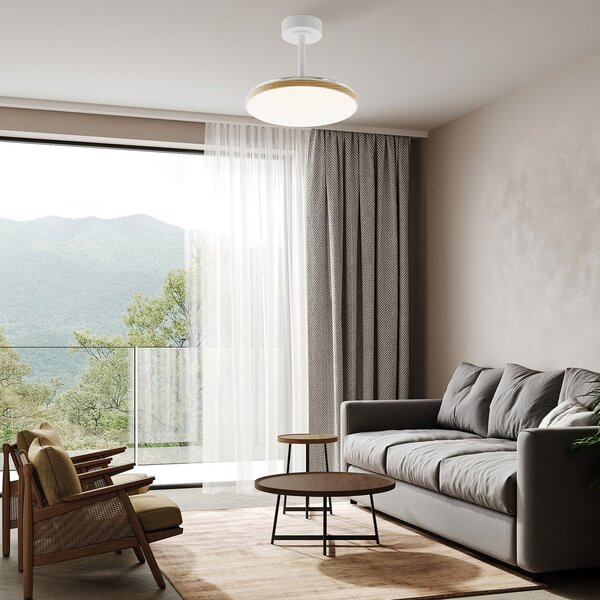 Mantra Iluminación LED stropni ventilator Slim Mini, bel/les, DC, tih, CCT, zatemnjen, Bela, Dnevna soba / jedilnica, Kovina, Sodobni
