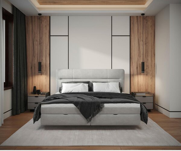POSTELJA Z VZMETNICO 140 cm x 200 cm , les, tekstil, leseni material svetlo siva