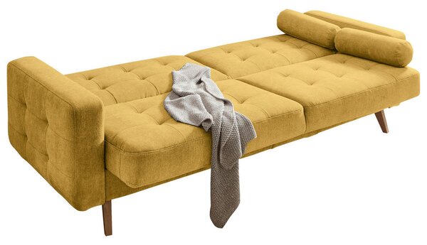 ZOFA S POSTELJNO FUNKCIJO, rumena tekstil, leseni material