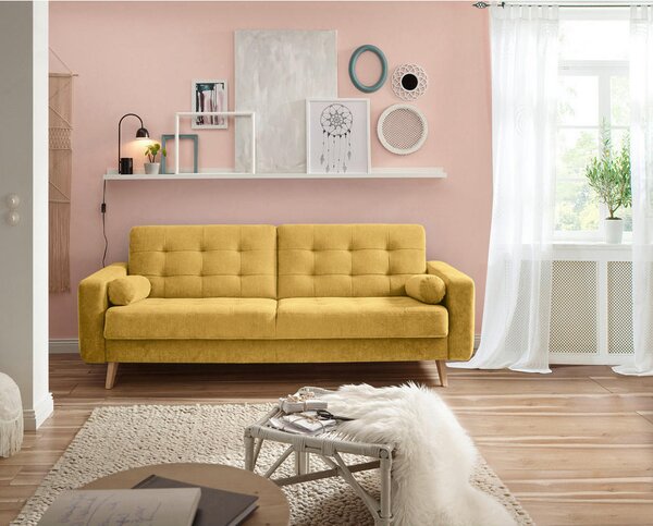 ZOFA S POSTELJNO FUNKCIJO, rumena tekstil, leseni material