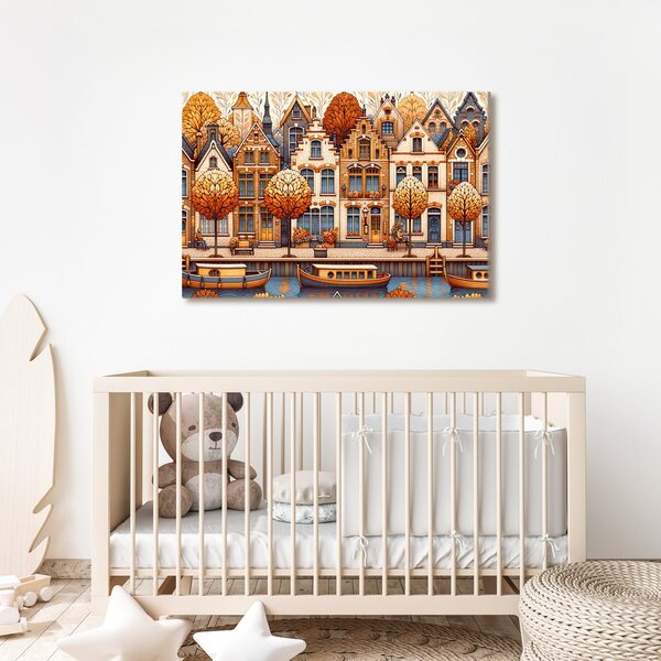 Slika jesenska ulica s čolni ob kanalu