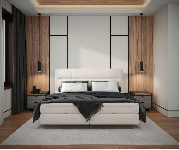 POSTELJA Z VZMETNICO 140 cm x 200 cm , les, tekstil, leseni material krem barve