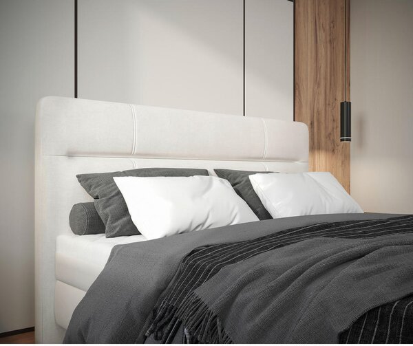 POSTELJA Z VZMETNICO 140 cm x 200 cm , les, tekstil, leseni material krem barve
