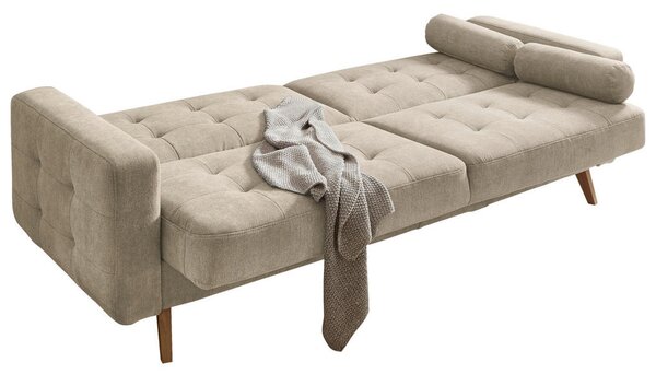 ZOFA S POSTELJNO FUNKCIJO, peščene barve tekstil, leseni material