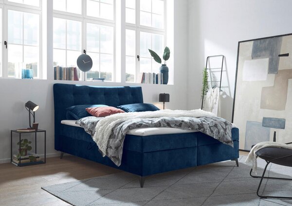 POSTELJA Z VZMETNICO 180 cm x 200 cm , tekstil, leseni material modra