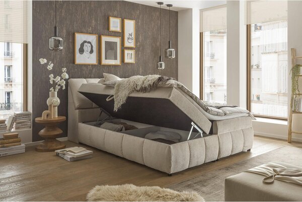 POSTELJA Z VZMETNICO 160 cm x 200 cm , tekstil, leseni material bež