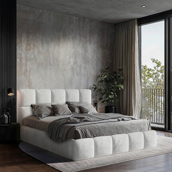 OBLAZINJENA POSTELJA 140 cm x 200 cm , les, tekstil, leseni material svetlo siva