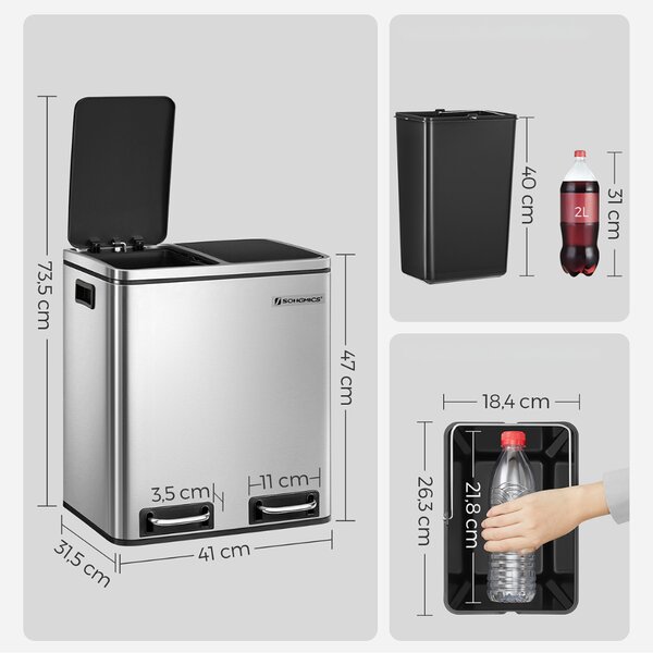 Koš za ločevanje odpadkov SORT 30l (2×15l), srebrna/črna SongmicsHome