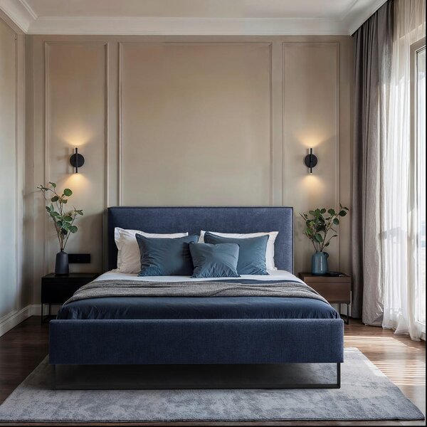 OBLAZINJENA POSTELJA 180 cm x 200 cm , les, tekstil, leseni material temno modra