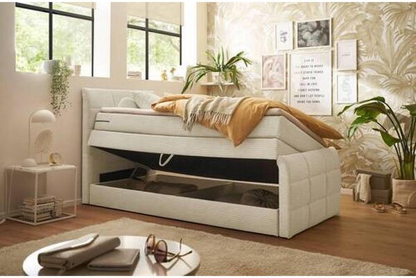 POSTELJA BOXSPRING 100 cm x 200 cm , tekstil, leseni material krem barve