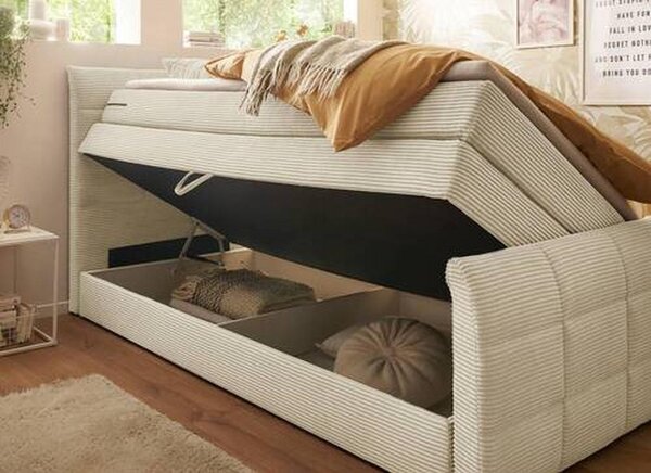 POSTELJA BOXSPRING 100 cm x 200 cm , tekstil, leseni material krem barve