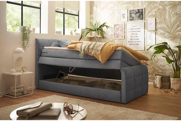 POSTELJA BOXSPRING 100 cm x 200 cm , tekstil, leseni material temno siva