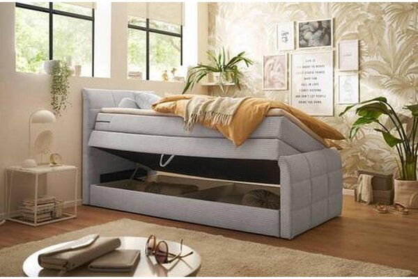 POSTELJA BOXSPRING 100 cm x 200 cm , tekstil, leseni material svetlo siva