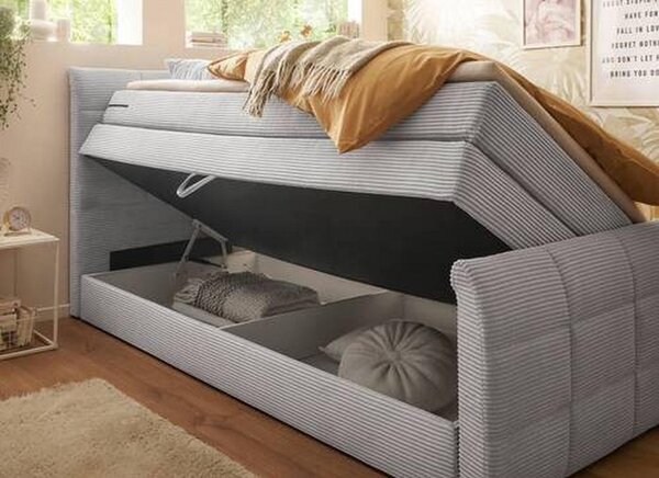 POSTELJA BOXSPRING 100 cm x 200 cm , tekstil, leseni material svetlo siva