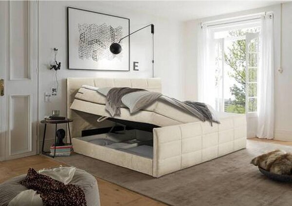 POSTELJA BOXSPRING 180 cm x 200 cm , tekstil, leseni material krem barve