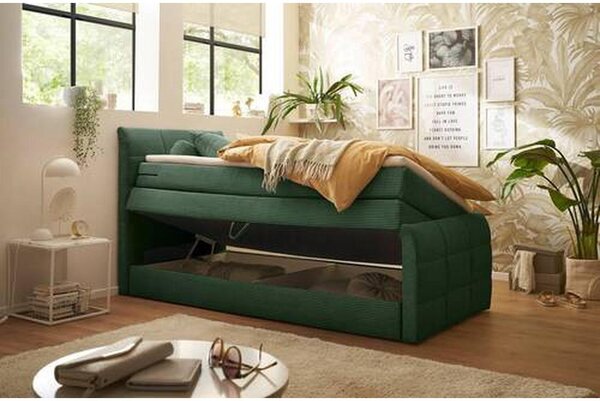 POSTELJA BOXSPRING 100 cm x 200 cm , tekstil, leseni material zelena