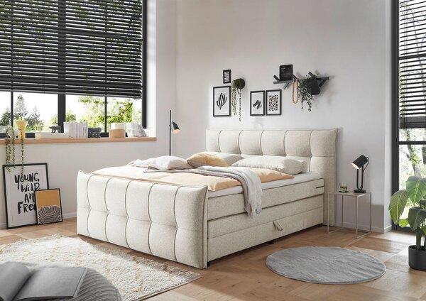 POSTELJA BOXSPRING 160 cm x 200 cm , tekstil, leseni material krem barve