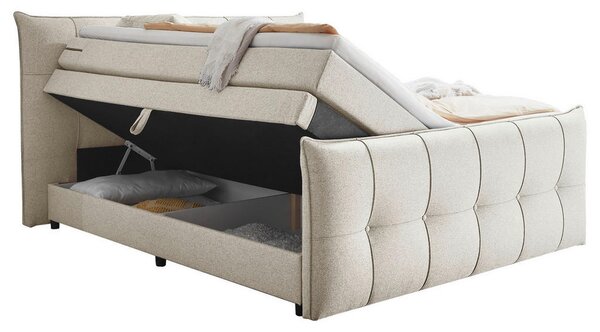POSTELJA BOXSPRING 160 cm x 200 cm , tekstil, leseni material krem barve
