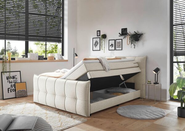 POSTELJA BOXSPRING 160 cm x 200 cm , tekstil, leseni material krem barve