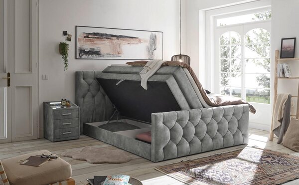 POSTELJA BOXSPRING 180 cm x 200 cm , tekstil, leseni material siva