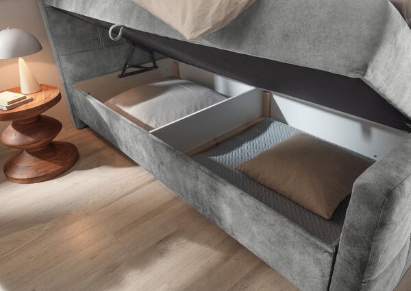 POSTELJA Z VZMETNICO 160 cm x 200 cm , leseni material, tekstil siva