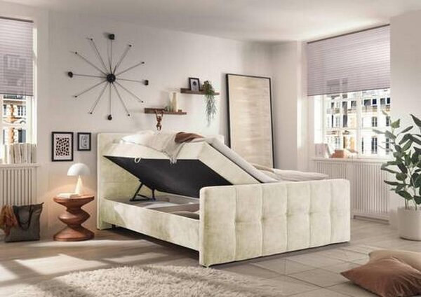 POSTELJA Z VZMETNICO 160 cm x 200 cm , tekstil, leseni material krem barve