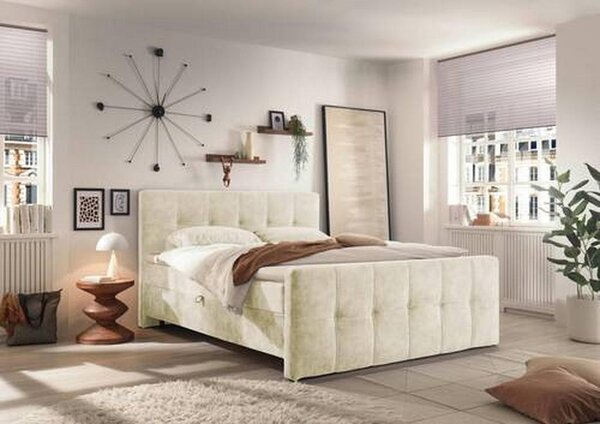 POSTELJA Z VZMETNICO 160 cm x 200 cm , tekstil, leseni material krem barve