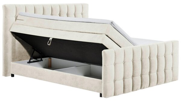 POSTELJA BOXSPRING 180 cm x 200 cm , tekstil, leseni material krem barve