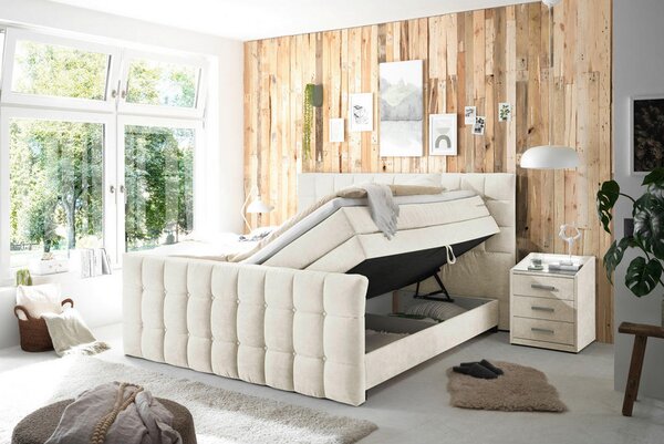 POSTELJA BOXSPRING 180 cm x 200 cm , tekstil, leseni material krem barve