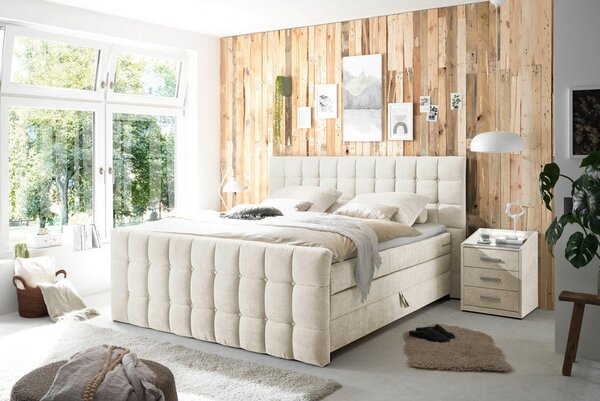 POSTELJA BOXSPRING 180 cm x 200 cm , tekstil, leseni material krem barve