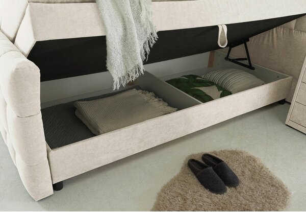 POSTELJA BOXSPRING 180 cm x 200 cm , tekstil, leseni material krem barve