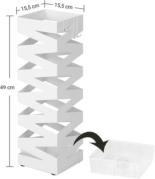 Kovinsko stojalo za dežnike, držalo za dežnike s kavljem in odcejalnikom, belo | SONGMICS