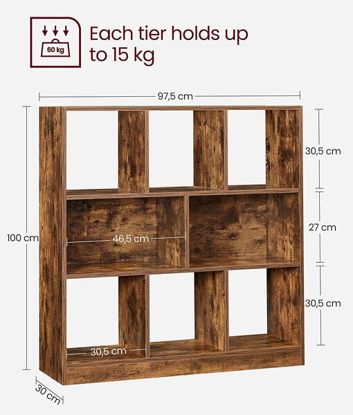 Knjižna omara z odprtimi kockami 86 x 28 x 94,5 cm rustikalno rjava | VASAGLE