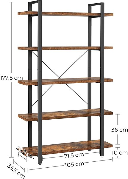 Knjižna polica, 5-nivojsko stabilno stojalo za shranjevanje, rjava in črna | VASAGLE