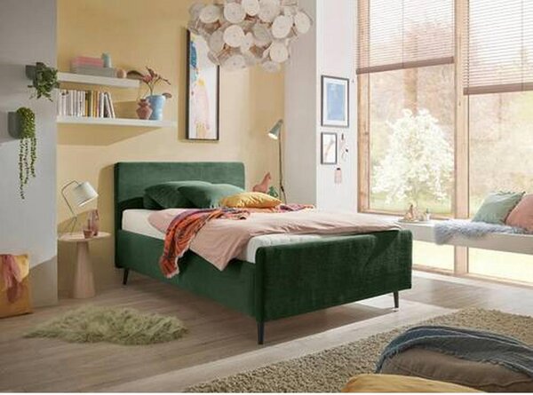 OBLAZINJENA POSTELJA 140 cm x 200 cm , tekstil, leseni material olivno zelena