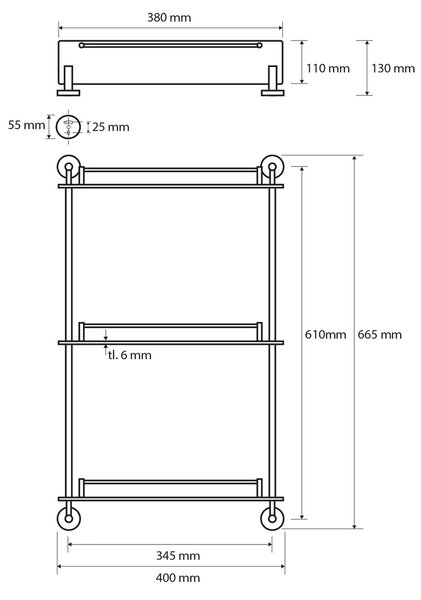 SAPHO XR608 X-Round E trojna steklena polica ssifonom 38 x 67,5 x 13 cm