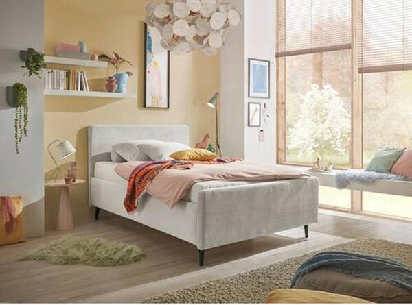 OBLAZINJENA POSTELJA 140 cm x 200 cm , tekstil, leseni material krem barve