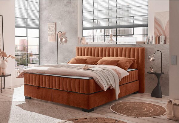 POSTELJA Z VZMETNICO 180 cm x 200 cm , tekstil, leseni material barve konjaka