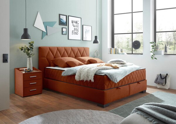 POSTELJA Z VZMETNICO 160 cm x 200 cm , leseni material, tekstil barve konjaka
