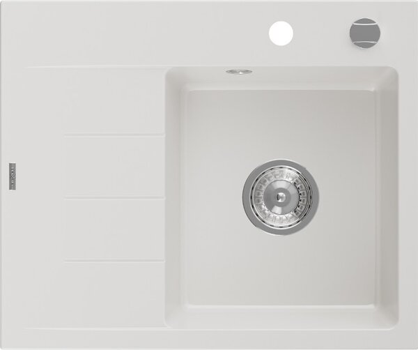 Mexen Ben granitno pomivalno korito z eno posodo in desnim odcejalnikom, 600 x 500 mm, belo, sifon krom - 6523605000-20