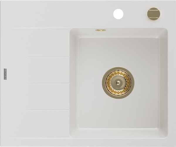 Mexen Ben granitno pomivalno korito z 1 komoro z odcejalnikom, desni 600 x 500 mm, belo, zlati sifon - 6523605000-20-G