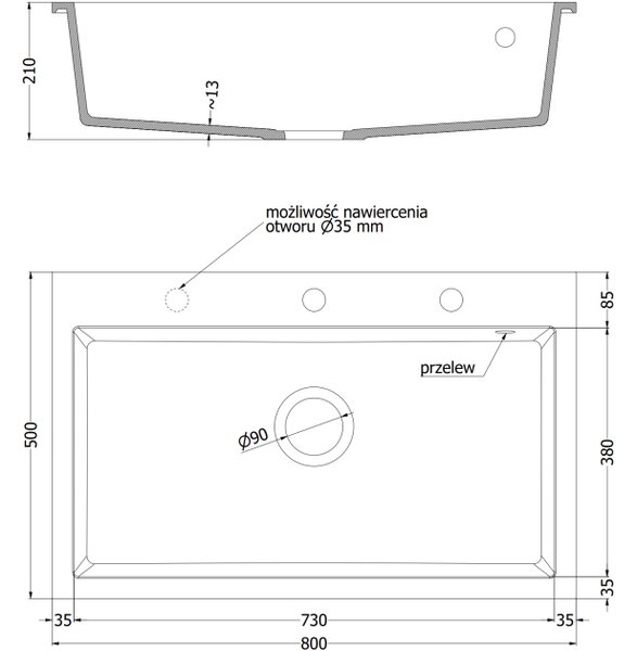 Mexen Elix granitno korito za pomivalno korito 1-komorno 800 x 500 mm, belo, kromiran sifon - 6527801005-20