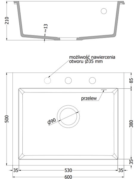 Mexen Elix kuhinjsko korito iz granita, 1-prekatno, 600 x 500 mm, črna s pikami, kromiran sifon - 6525601005-76