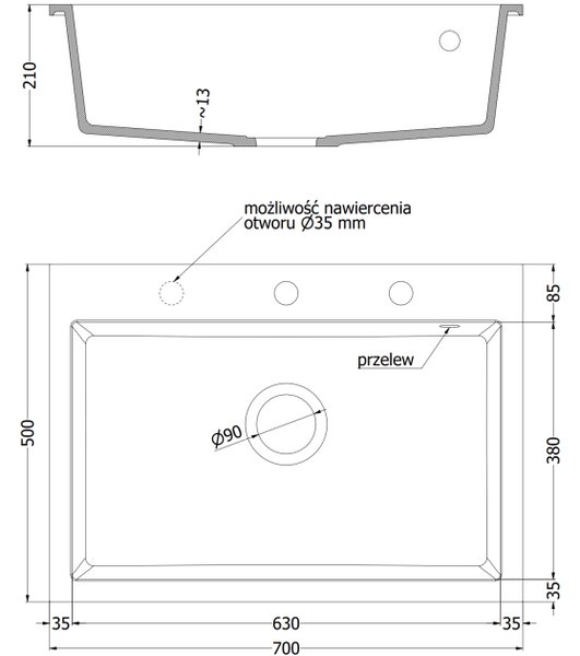 Mexen Elix granitno pomivalno korito z 1-prekatom, 700 x 500 mm, črno pikčasto, kromiran sifon - 6526701005-76