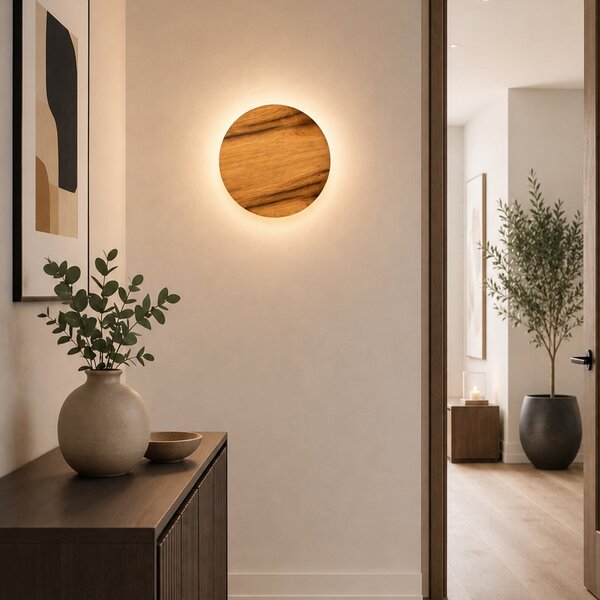 Elobra LED-stenna svetilka Havana M, hrast z vejami/kovina, Ø 34 cm, IP44, Les, Kopalnica, Les