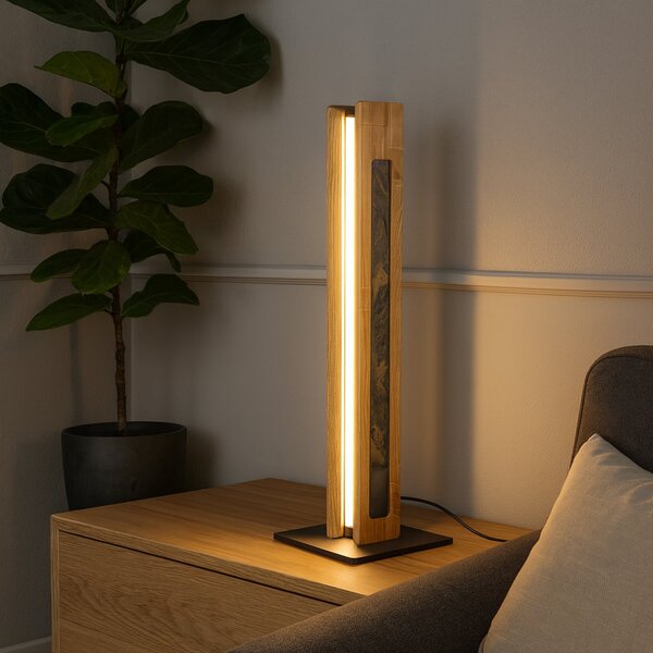 Elobra LED namizna svetilka Chile s 4 stranicami, hrast/barvni skrilavec, 54 cm, zatemnjen, Les, Dnevna soba / jedilnica, Les