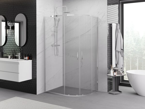 Mexen Exo Asimetrična polkrožna tuš kabina drsna 90 x 80 cm, prozorna, kromirana - 8132-090-080-01-00