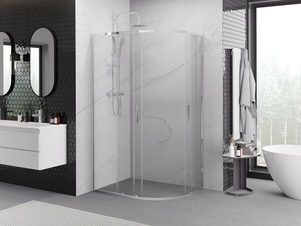 Mexen Exo Asimetrična polkrožna tuš kabina drsna 90 x 80 cm, prozorna, kromirana - 8132-090-080-01-00