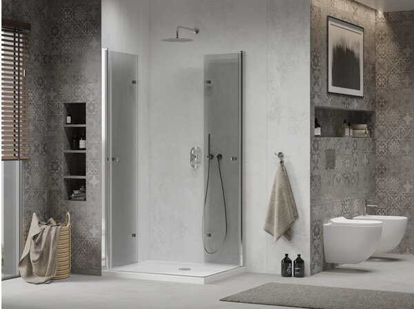 Mexen Lima Zložljiva pršna kabina Duo 80 x 70 cm, prozorna, krom + tuš kad Flat - 856-080-070-01-02-4010