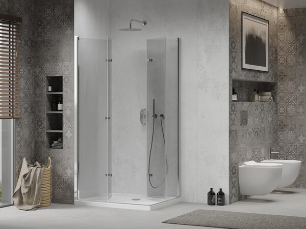 Mexen Lima Zložljiva pršna kabina Duo 80 x 70 cm, prozorna, krom + tuš kad Flat - 856-080-070-01-02-4010